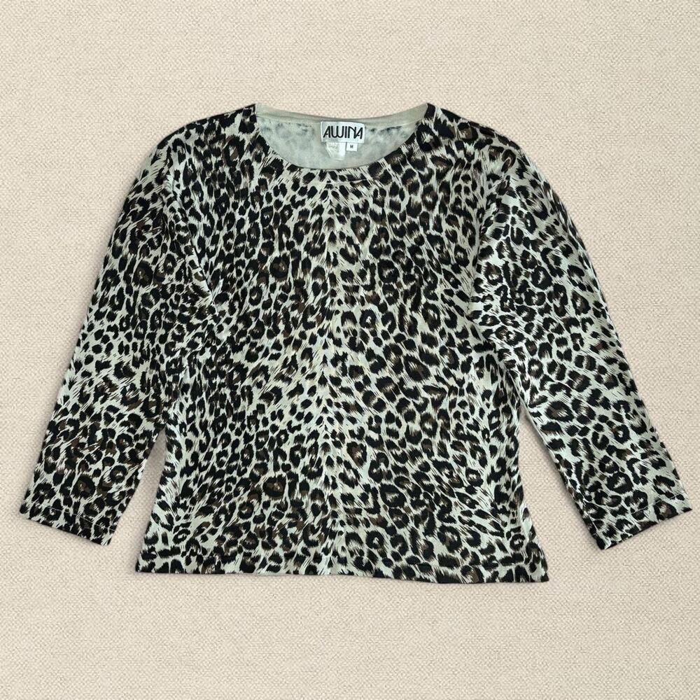 90s Silk Blend Leopard Print 3/4 Sleeve Blouse sz M Awina Boho Layering